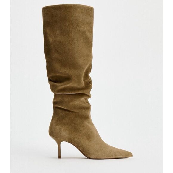 Zara Ruched Split Leather Heeled Boots Sandy Brown Knee-High Size US 7.5 UK 5 - Picture 1 of 17
